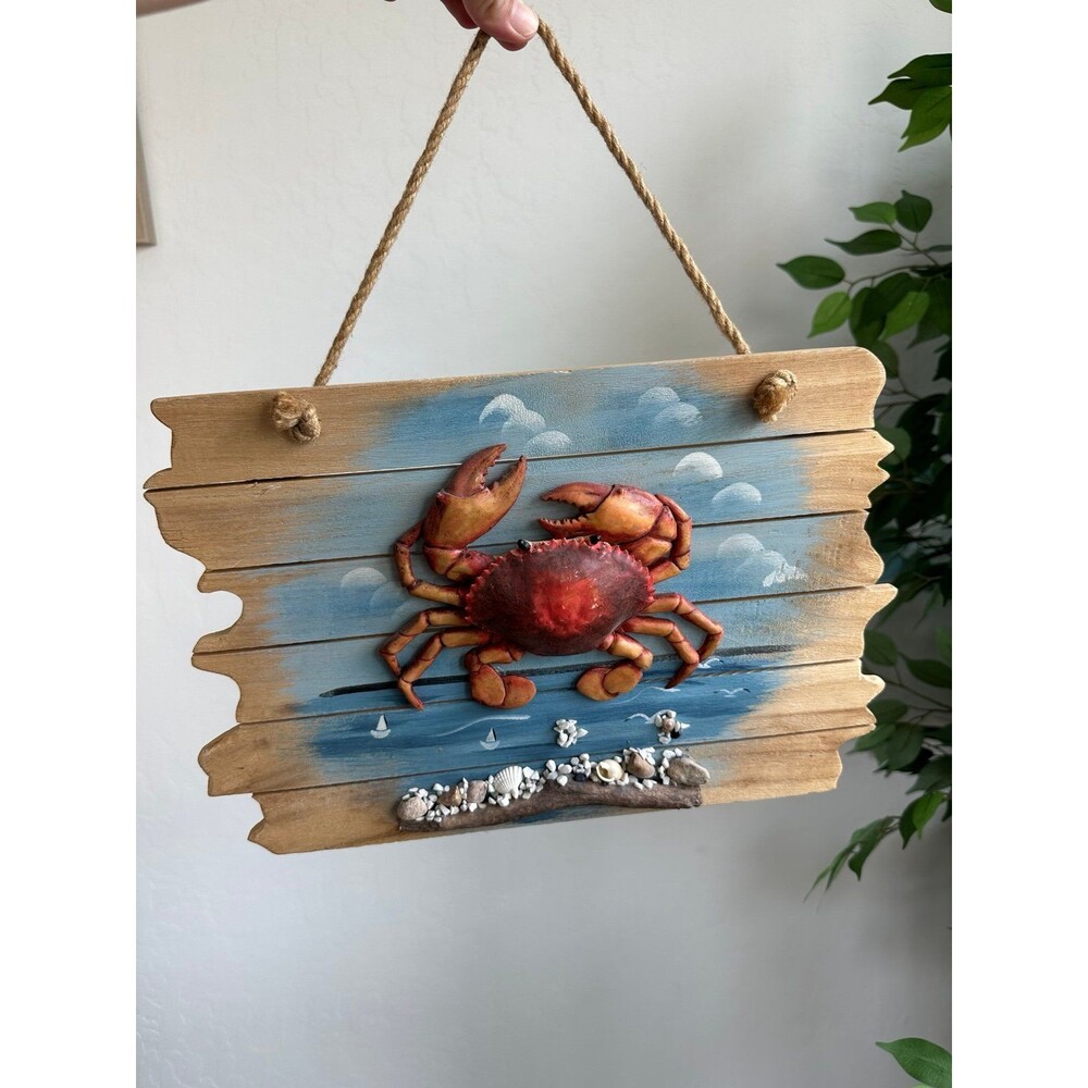 Handmade 3D Crab Coastal Wall Art Rustic Nautical Beach Cottage Shell Decor